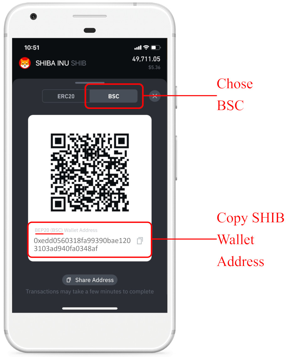 Chose BSC and copy the Deposit Address